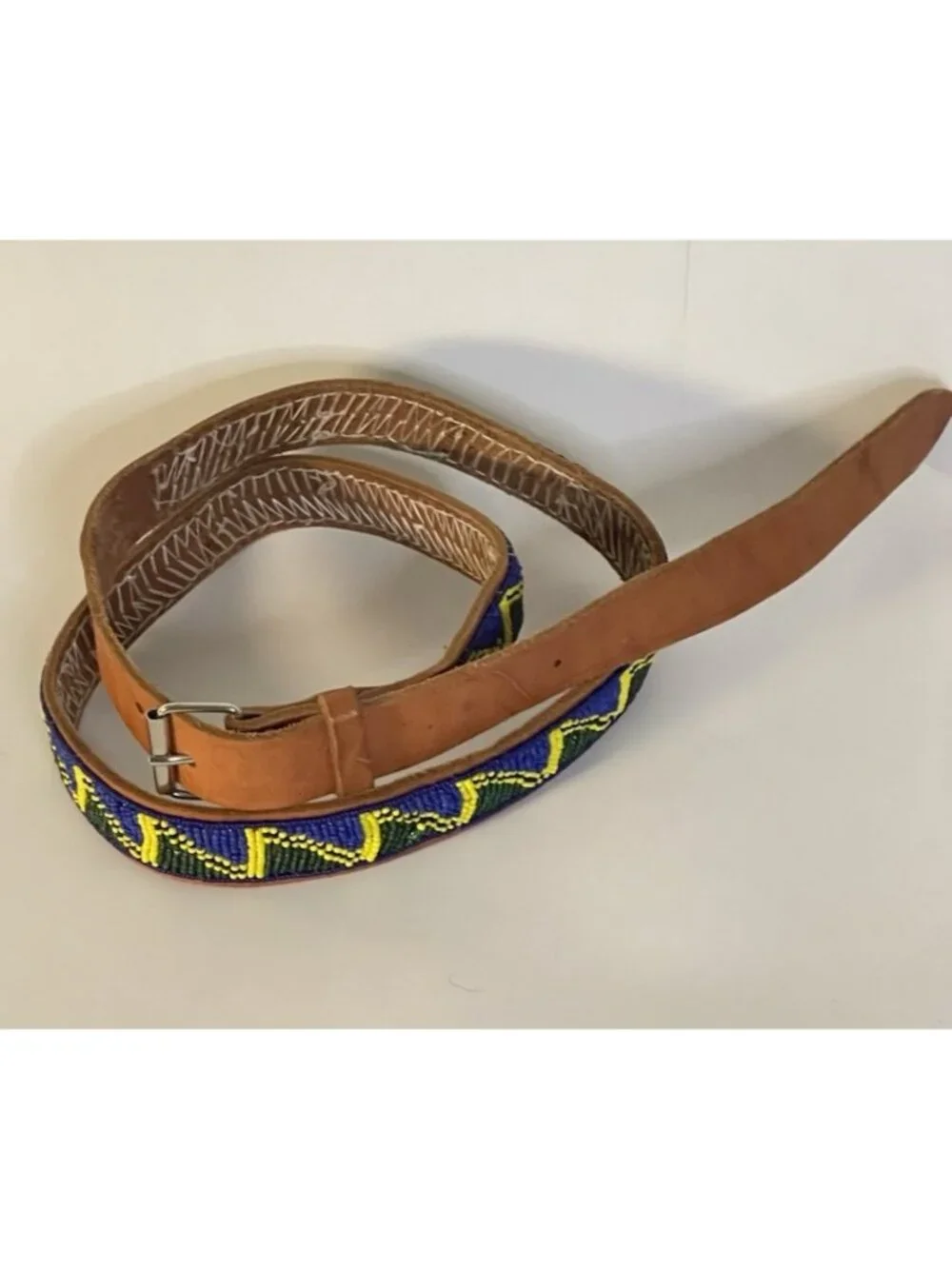 Maasai Inspired Beaded Leather Belt Blue Green Yellow Handmade 36